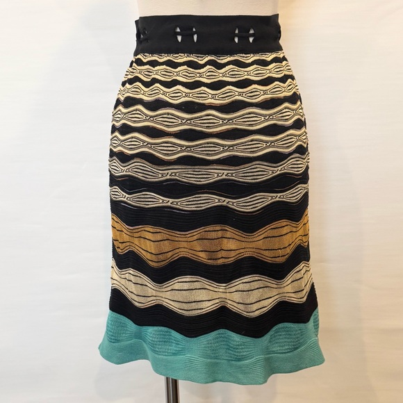Missoni Stretch Knit Black Gold Tan Made in Italy Wavy Striped Italian Skirt 40 - Picture 1 of 8